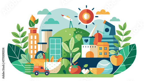 Urban cityscape with modern buildings, telescope, and truck, amidst greenery and fruits, representing smart city and sustainable living