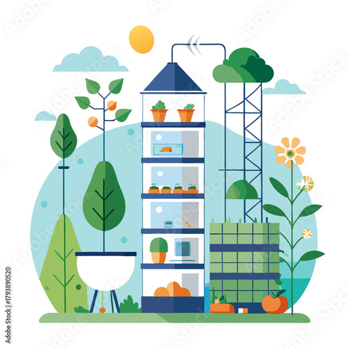 Vertical farming tower with plants and vegetables growing in stacked levels, representing sustainable agriculture and urban farming solutions