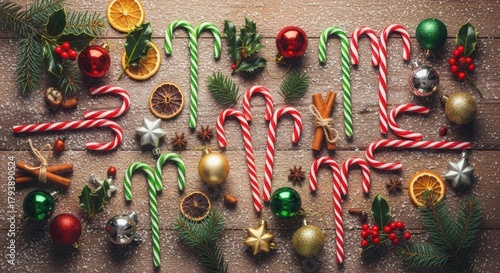 Festive christmas decorations and sweets arranged on rustic wood surface