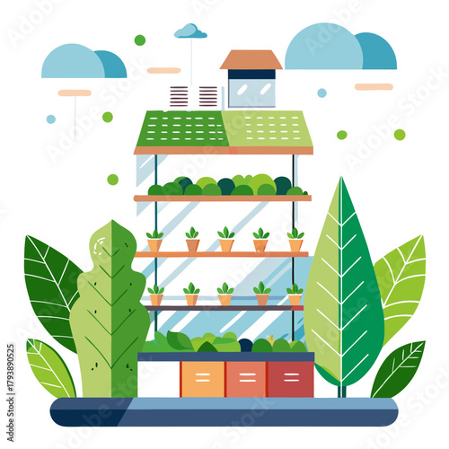 Vertical farming building with rows of plants on shelves and surrounding greenery, representing sustainable agriculture and urban gardening