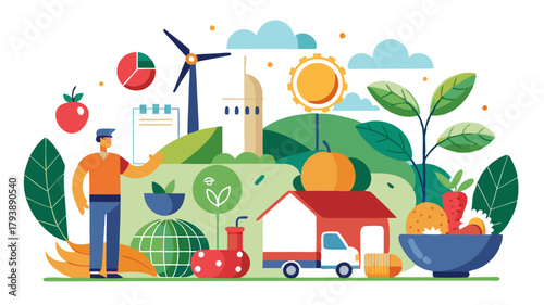 Sustainable agriculture and logistics, featuring a farm, delivery truck, renewable energy sources like wind turbines, and fresh produce, promoting ecoconscious business