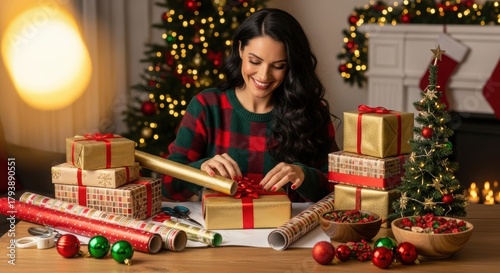 Smiling woman wrapping presents for the holidays by a decorated christmas tree