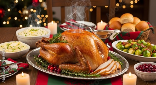 Festive holiday feast with roasted turkey and side dishes