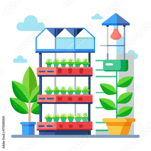 A multistory vertical farm with rows of potted plants, adjacent to a tall structure with a light bulb, symbolizing innovation in agriculture