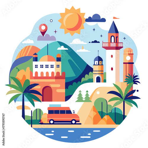 A colorful flat design illustration showcasing a mediterranean travel theme with ancient architecture, palm trees, a bus, and scenic hills