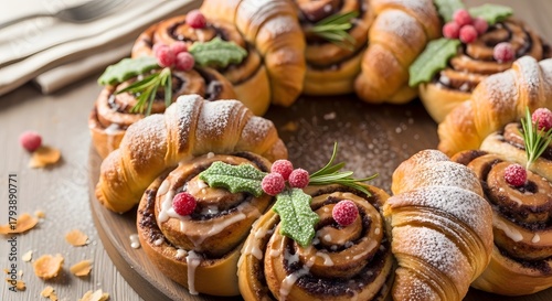 Festive sweet bread wreath with croissants and berries