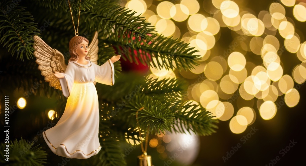 Fototapeta premium Delicate angel ornament adorns a festive christmas tree with soft bokeh lights