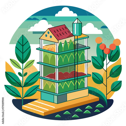 Circular illustration of a multistory greenhouse with crops growing inside, surrounded by lush green foliage and berries, showcasing innovative farming methods