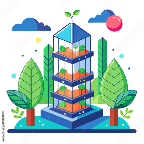 Vertical farming tower with plants growing in stacked layers, surrounded by trees and clouds, representing sustainable agriculture and future food production