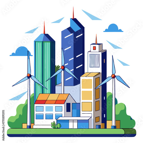 Vibrant illustration of a futuristic city powered by wind energy, showcasing sustainable architecture and green spaces