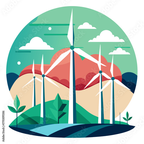 A circular illustration depicts a wind farm with multiple wind turbines on rolling green hills under a teal sky with clouds and a pinkishorange abstract shape