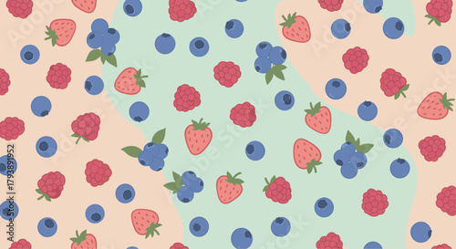 A delightful flat illustration of a mixed berry pattern with strawberries, raspberries, and blueberries, perfect for a fresh summer background design 91.eps