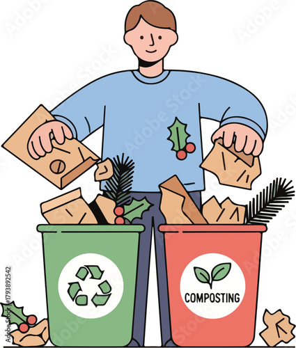 Man sorting Christmas waste into recycling and composting bins.