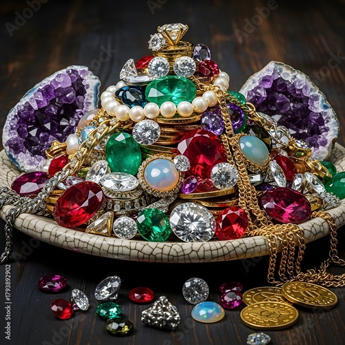 A collection of colorful jewelry including rings, necklaces, and coins displayed on a dark surface with amethyst geodes in the background