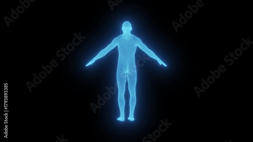 3D spheres forming human male figures walking in a conceptual illuminated scene