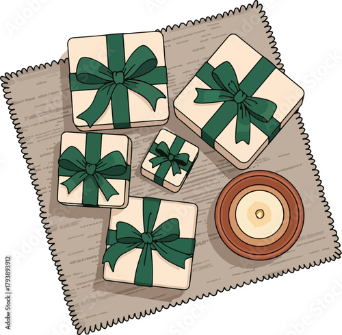 Overhead view of various gift boxes with green ribbons and a candle on a textured mat.