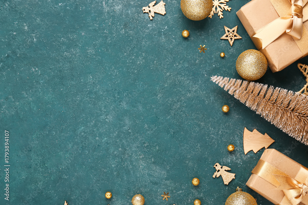 Fototapeta premium Frame made of decorative Christmas tree, gifts and balls on blue background