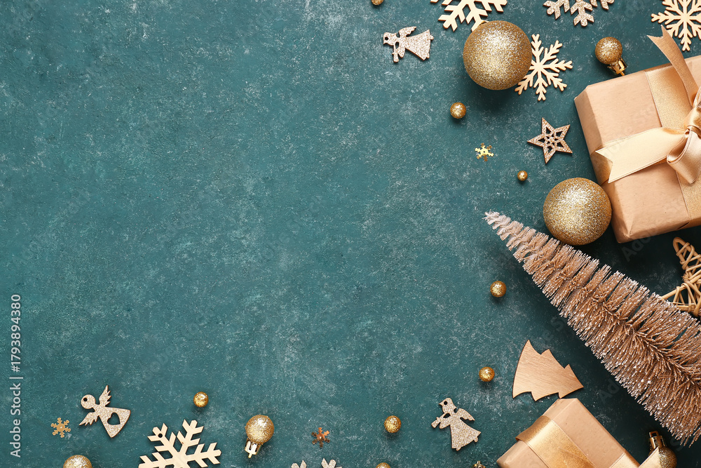 Fototapeta premium Frame made of decorative Christmas tree, gifts and balls on blue background