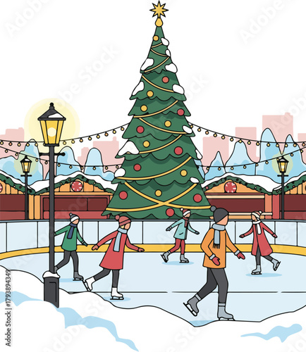 People ice skating around a large Christmas tree at a festive winter market.