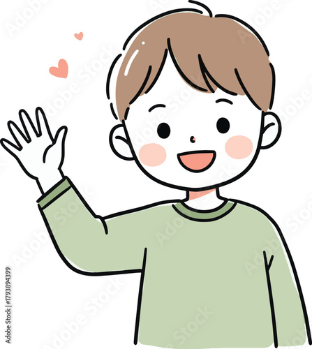 Cute cartoon boy with a bright, happy smile cheerfully waving his hand in a friendly greeting, an inviting vector illustration for conveying warmth and positive communication