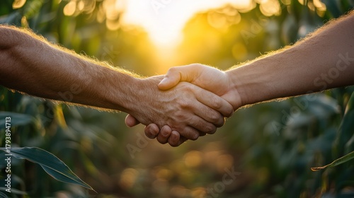 Farmers handshake in cornfield at sunset.  Possible use Stock photo for agricultural partnerships, teamwork, or rural lifestyle