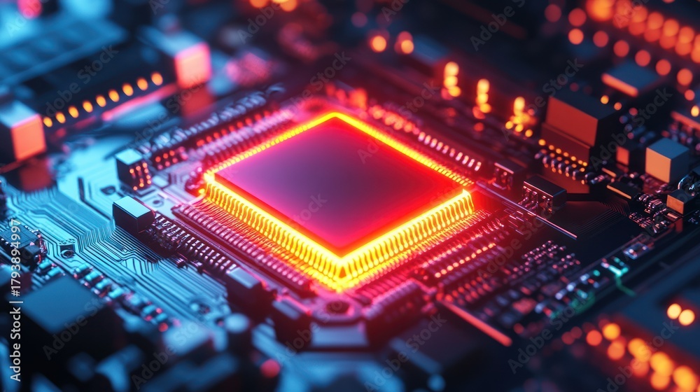 Fototapeta premium Glowing CPU on Circuit Board; High-Tech