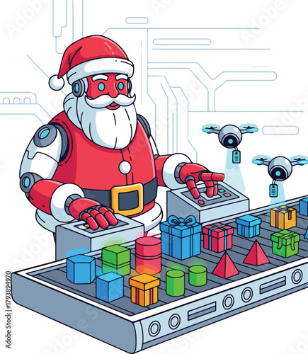 Robot Santa Claus operates a futuristic gift assembly line with drones assisting in a modern Christmas workshop.