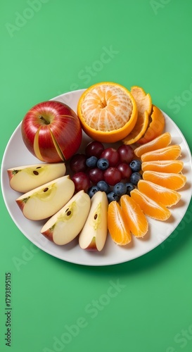 A colorful assortment of fresh fruits arranged on a white plate against a vibrant green background, showcasing a variety of healthy and delicious options