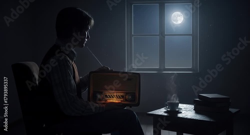 Man enjoys vintage radio by window at night creating warm relaxing atmosphere
Seamless looping, virtual video animation background. Generated AI