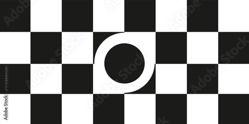 Abstract checkered circle frame vector illustration. Vintage black and white alternating square tiles circular border.