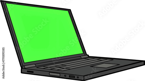 A sleek modern laptop with a vibrant green screen, perfect for chroma key editing. Clean vector style, smooth lines, sharp edges, and high-quality digital detailing.