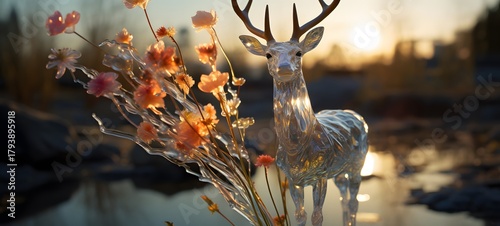 Fototapeta Naklejka Na Ścianę i Meble -  A Beach , a small creature made of glass that is sitting in the palm of your hand,generative AI