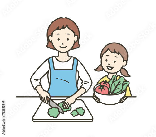 野菜を切るお母さんと手伝いをする女の子の上半身イラスト