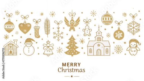 Merry Christmas Type Gold Decoration Ornaments Border on transparent Background.  Christmas Bauble Ornaments Gold transparent Background.