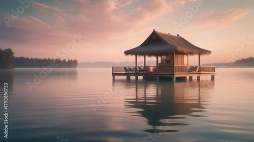 A serene overwater bungalow with a thatched roof at sunrise or sunset, reflecting in calm water.