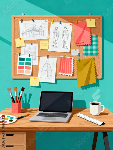 Creative Workspace With Fashion Design Sketches, Fabrics, And Art Supplies