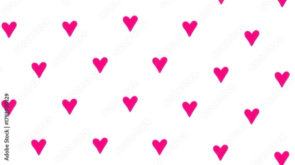 A white background is covered with a repeating pattern of bright pink heart shapes