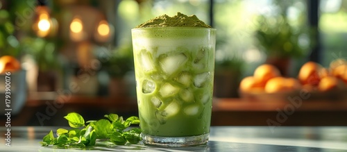 Iced Matcha Latte with milk foam and ice.