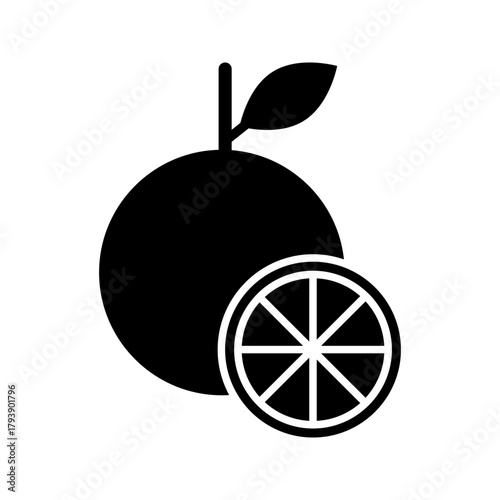 Citrus Orange Fruit Whole and Slice Line Art Icon minimalist black outline vector icon representing fresh citrus fruit, healthy food, and natural juice. The design features a whole orange (or similar 