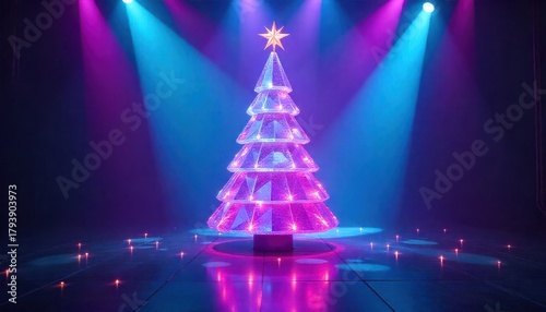 Illuminated modern Christmas tree with vibrant pink and blue lights on a dark stage, glowing star topper