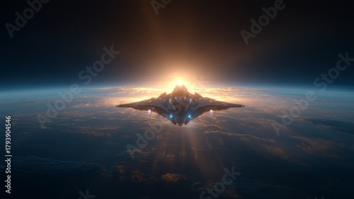 Spaceship orbiting earth at sunrise. AI generated