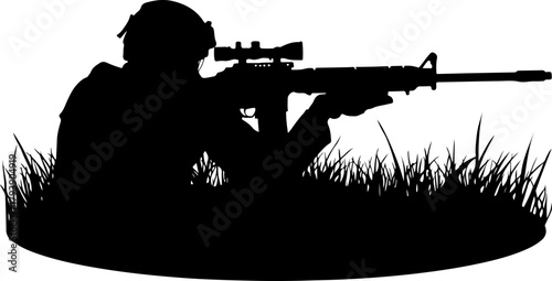 silhouette of a soldier with gun, silhouette, gun, soldier, rifle, military, weapon, war, black, person, people, illustration, vector, army, armed, shoot, shooter, music, shooting, aiming