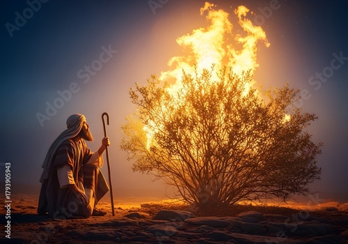 Biblical scene of Moses before the burning bush speaking to God in the desert