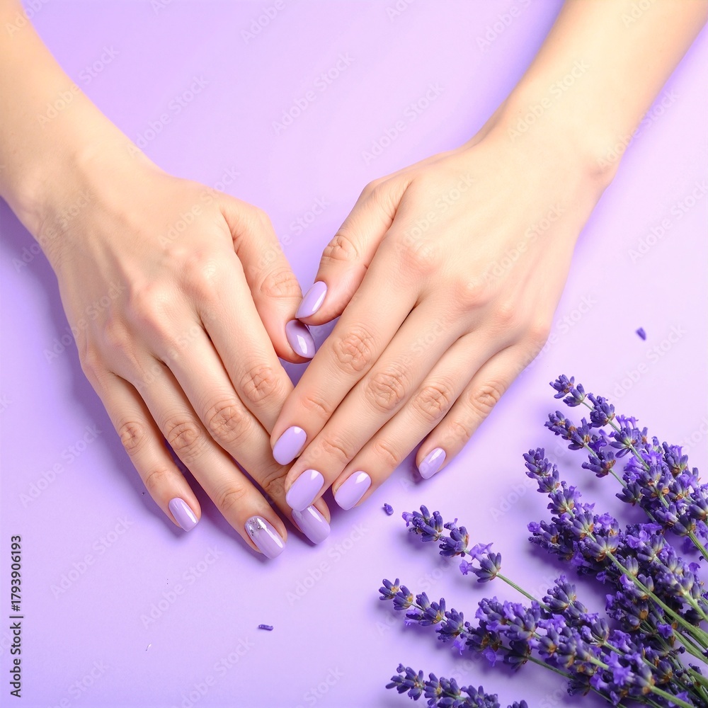Fototapeta premium A close-up of a woman's hands adorned with vibrant purple manicured nails, gently cradling delicate lavender flowers, creating a serene and elegant scene.