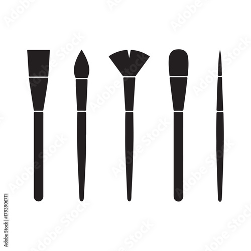 Black silhouette of makeup brushes set on white background creating a minimalist design with beauty tools for various applications