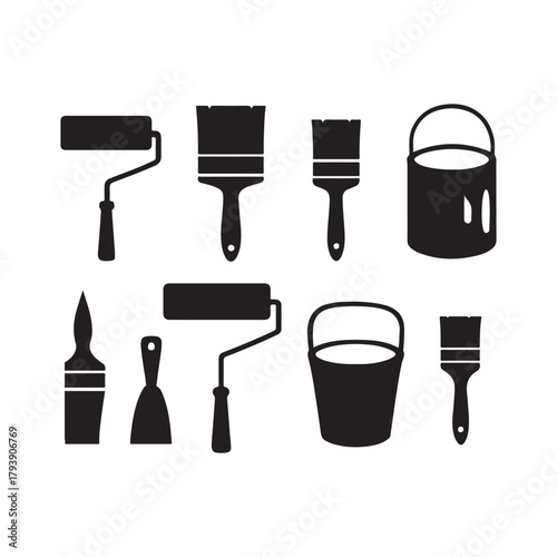 Painting tools set black and white silhouette illustration featuring brushes paint rollers putty knife and paint buckets isolated on white background