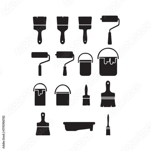 Set of Black Silhouette Paint Tools for House Renovation including Brushes Rollers and Buckets on White Background