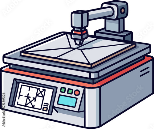 A cartoon illustration of a 3D printer in operation, creating a geometric design.