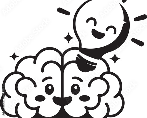 Happy brain with a bright idea light bulb
