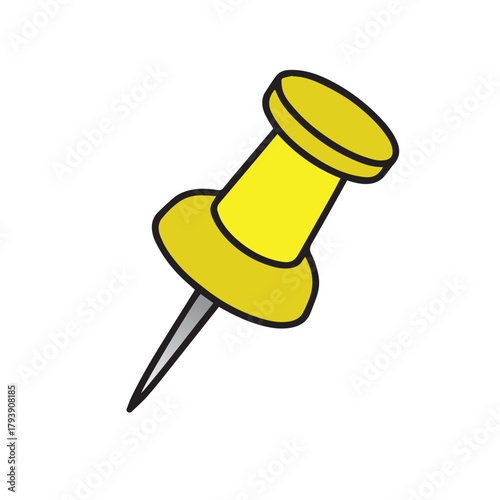 A minimalist vector design depicting a yellow push pin securing a sheet of paper on a styrofoam board, conveying simplicity, precision, and a clean modern office aesthetic for visual project.